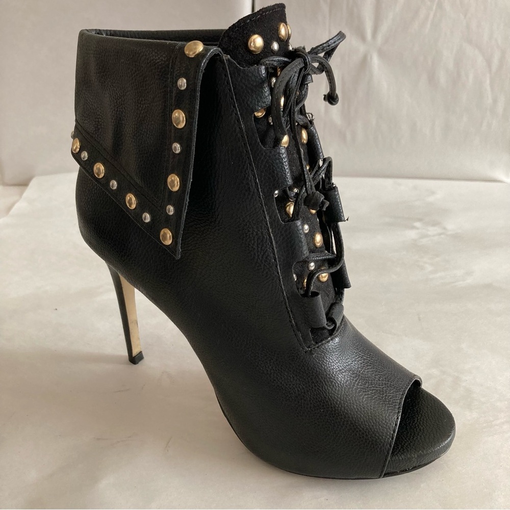 Bebe Black Leather Lace-Up Peep Toe Ankle Boots  Silver/Gold Studs  Size 8